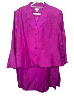 ISC Women's 2X Silk Linen 2 Piece Skirt Suit Fuchsia Pink Embroidered Plus